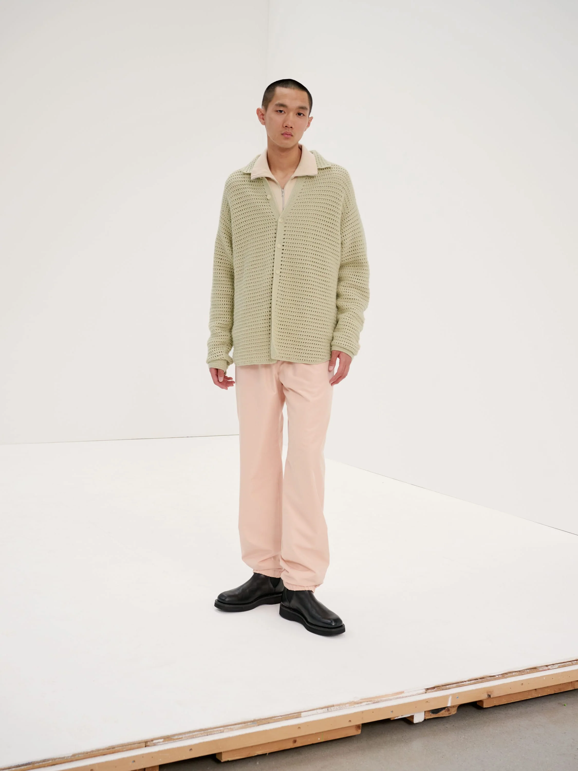 Hand Crochet Wool Knit Shirt Light Khaki - Image 6