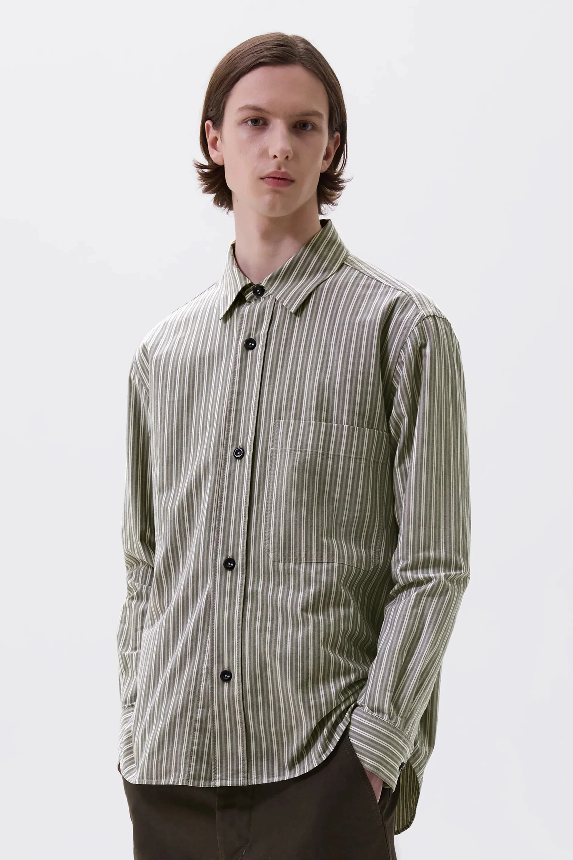 Basic Shirt Two Tone Cotton Stripe Forest/ Grey/ Off White