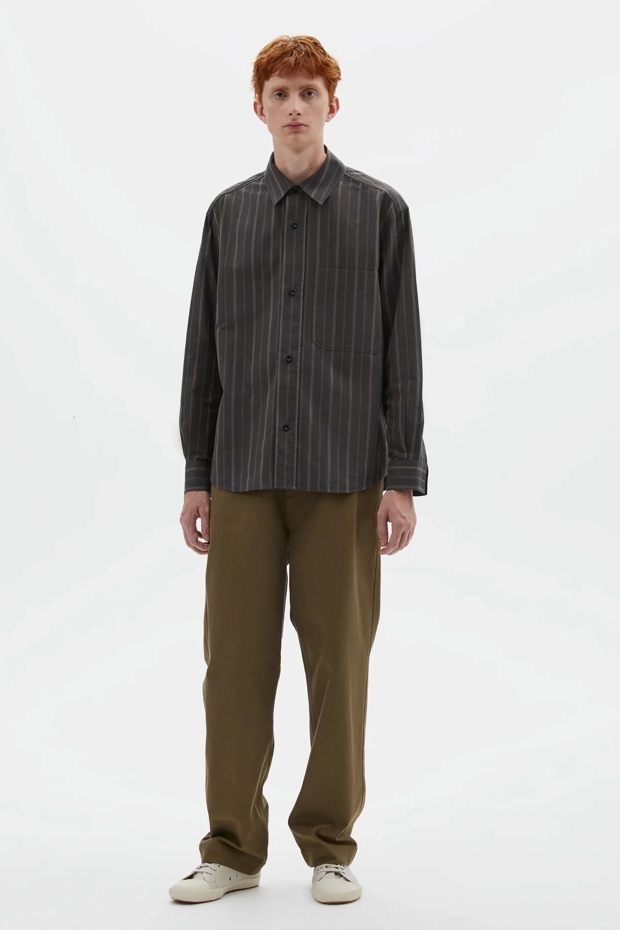 Basic Shirt Bold Stripe Cotton Off Black/ Khaki - Image 3