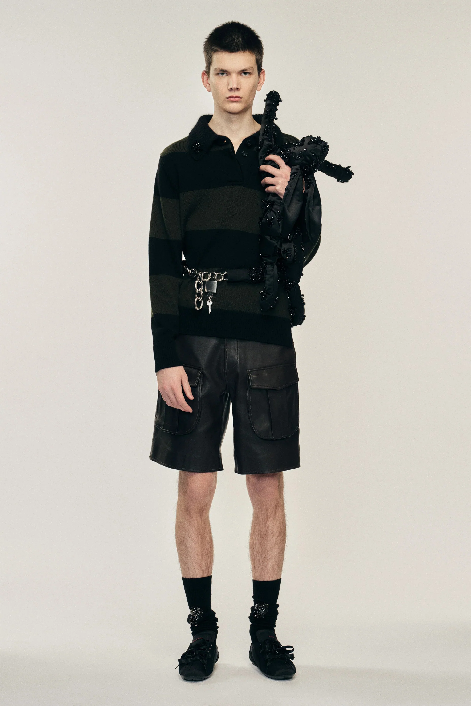 Fuzzy Collar Striped Rugby Knit Jumper W/ EMB Khaki/ Black Jet