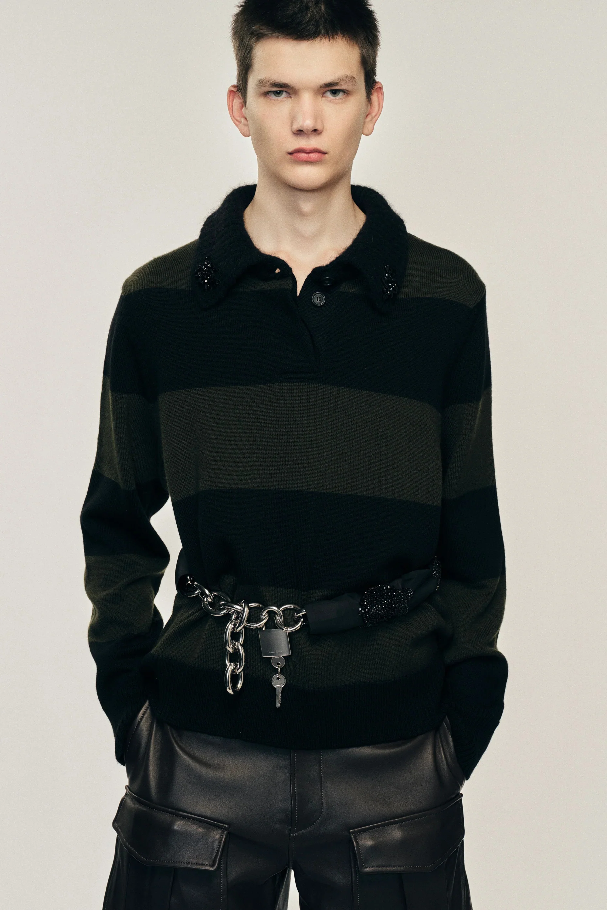 Fuzzy Collar Striped Rugby Knit Jumper W/ EMB Khaki/ Black Jet - Image 4
