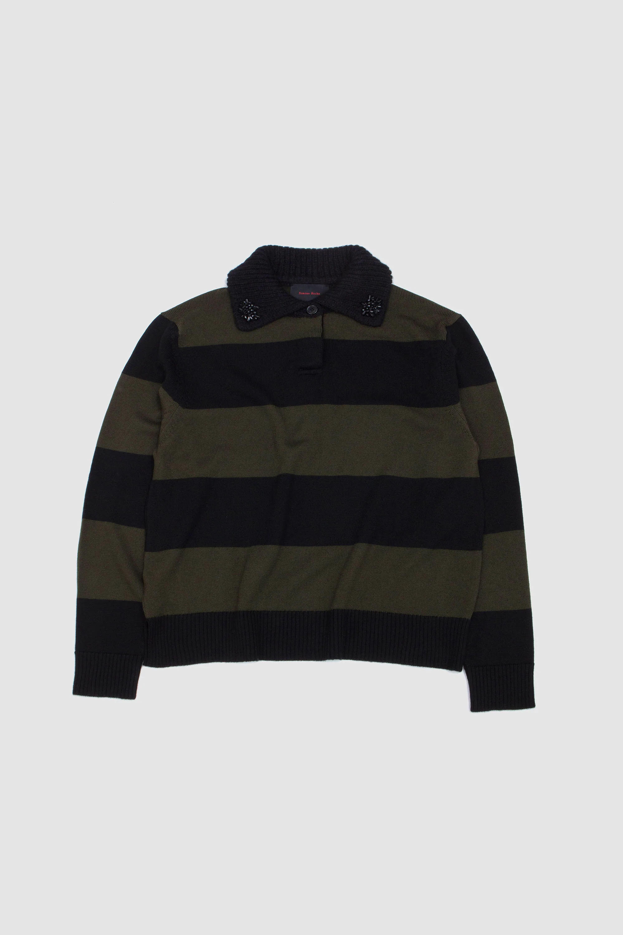 Fuzzy Collar Striped Rugby Knit Jumper W/ EMB Khaki/ Black Jet - Image 6